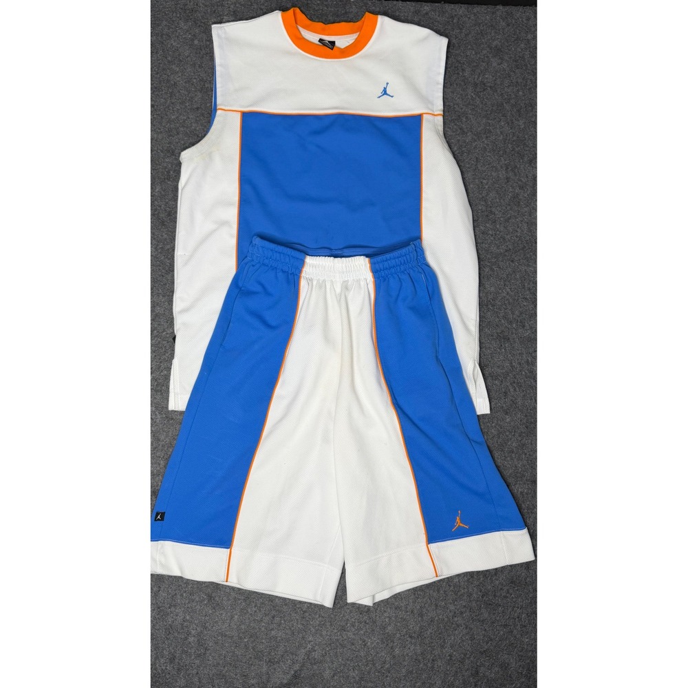 Jordan Brand Mens XL Basketball Jersey‎ and Shorts Set Blue White Orange Mesh